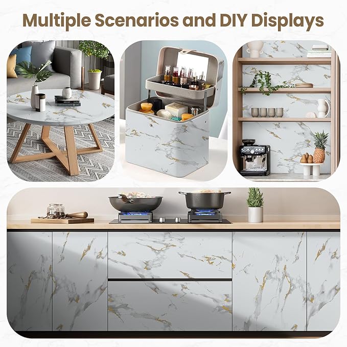 practicalWs Glossy Marble Wallpaper Peel and Stick White/Gold Granite Contact