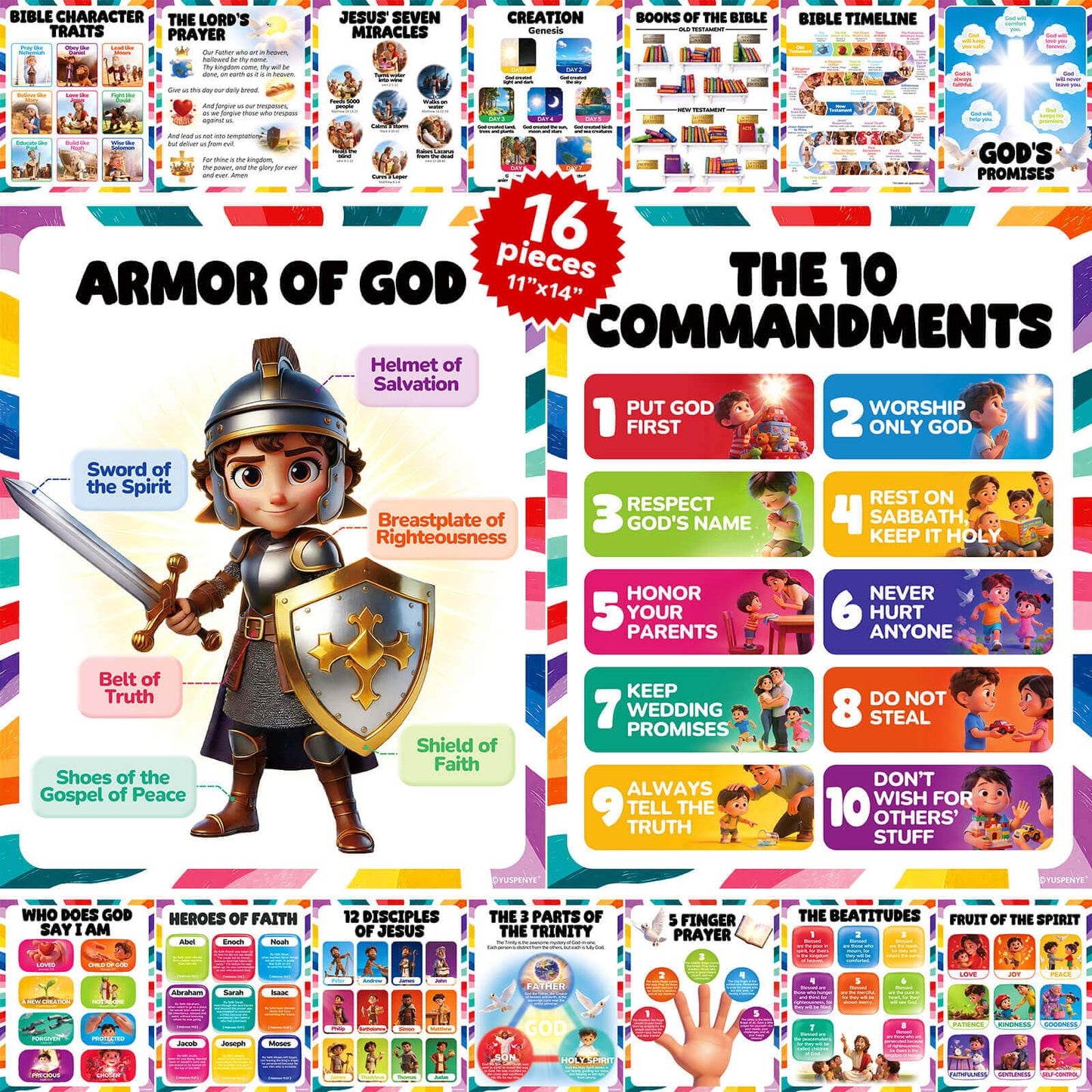 16pcs Bible Posters for Kids, 11x14in Sunday School Decorations for Classroom, Laminated Christian Wall Art with Glue Dots, Waterproof Books of the Bible Scripture Educational Prints for Homeschool