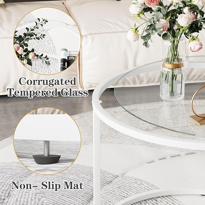 aboxoo White Nesting Glass Table Set of 2, Small Glass Round Nesting Tables