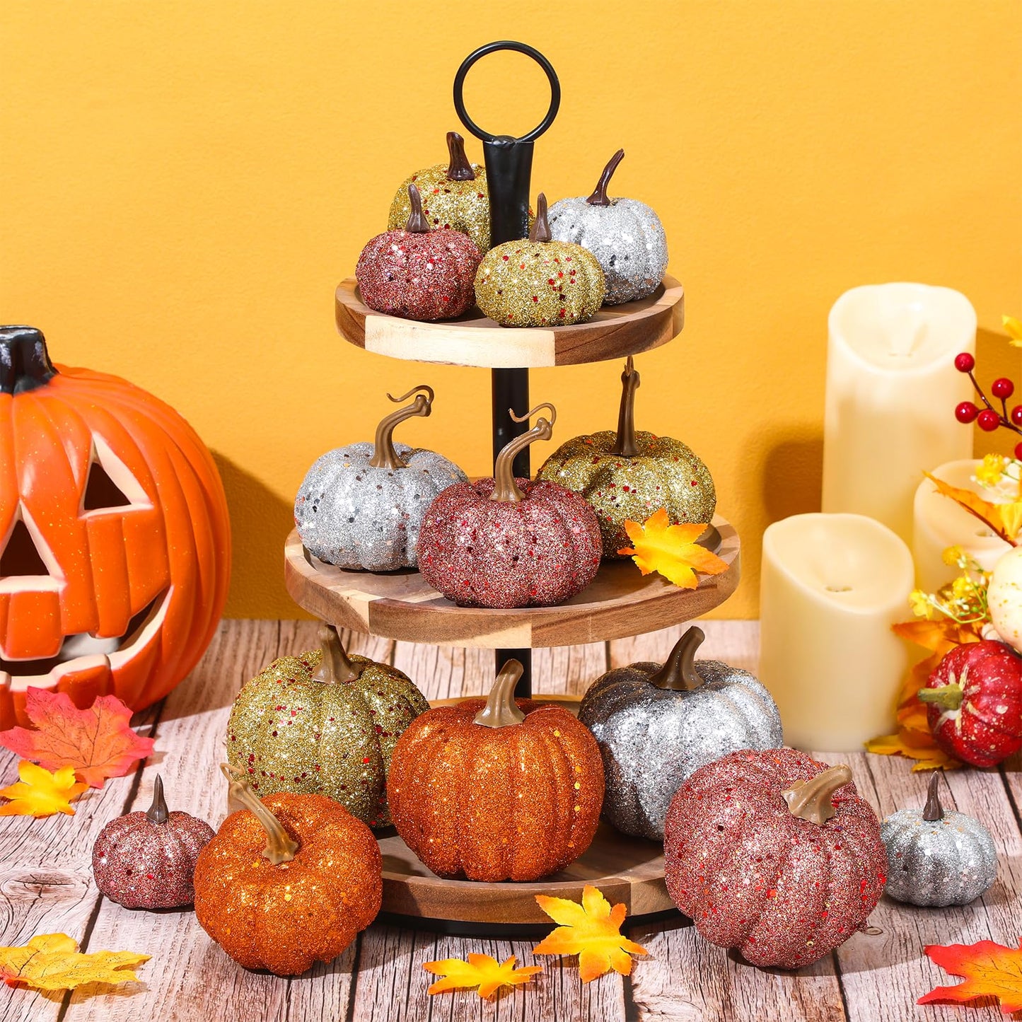 Simgoing 24 Pcs Thanksgiving Glitter Mini Pumpkin Decor Orange, Silver, Gold Small Artificial Foam Pumpkins Fall Tree Hanging Ornament Tiered Tray Decor for Autumn Thanksgiving Party Indoor Home