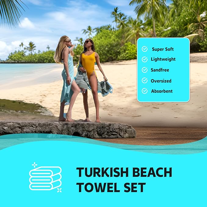 HAVLULAND Set of 5 Turkish Beach Towel Oversized 39x71 Turkish Bath Towels Highly Absorbent Quick Dry Extra Large Sand Free Beach Towels for Beach Pool Spa Gym Yoga Travel Camping Blanket