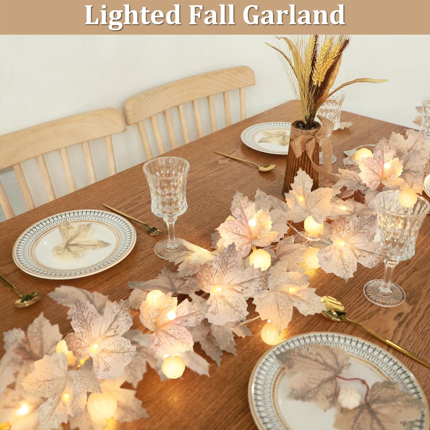 3 Pack Fall Decor Fall Garland with Pumpkin Lights&Enlarged Maples Leaves String Lights Pumpkin Decor, 60LED Waterproof Battery Operated Halloween Thanksgiving Fall Decorations for Home Outdoor Indoor