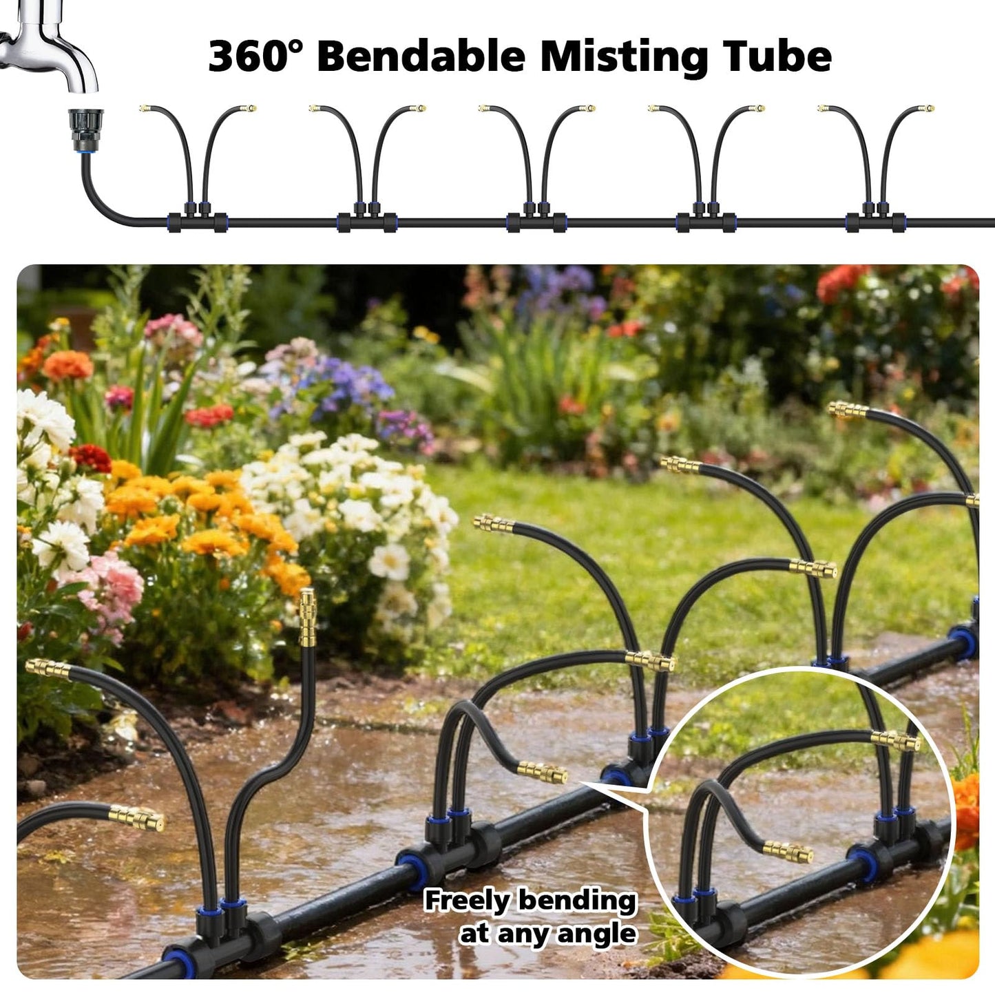 Drip Irrigation System 2 Ports - 360°Adjustable Garden Watering System 66FT with 40 Nozzles, Drip Irrigation Kit for Garden, Yard, Lawn, Greenhouse, Plants, 2/5 inch Hose