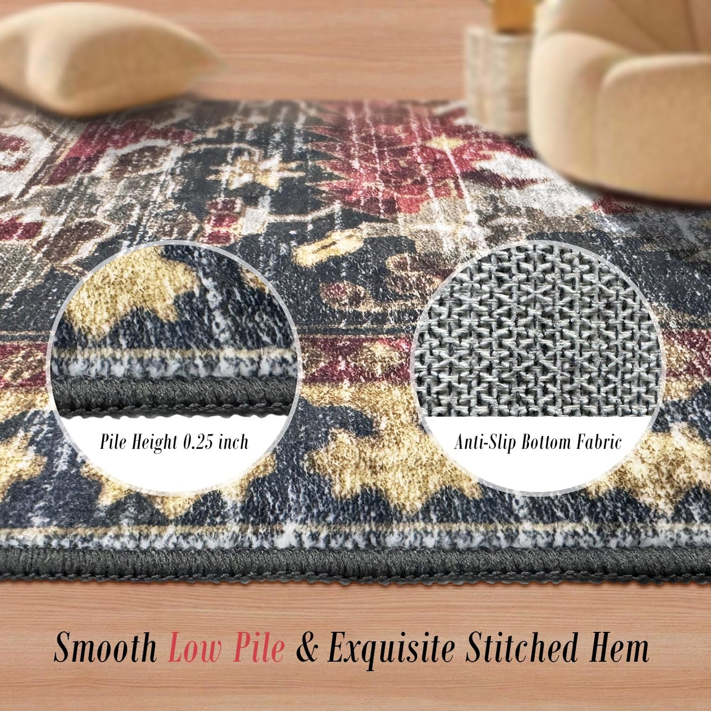 RUGSURE Washable Area Rugs - Perfect for Living Room, Bedroom, Kids Room, Nursery - Stain & Water Resistant Non-Slip, Pet & Child Friendly, Vintage Tribal Area Rugs (Rust, 5' x 7')