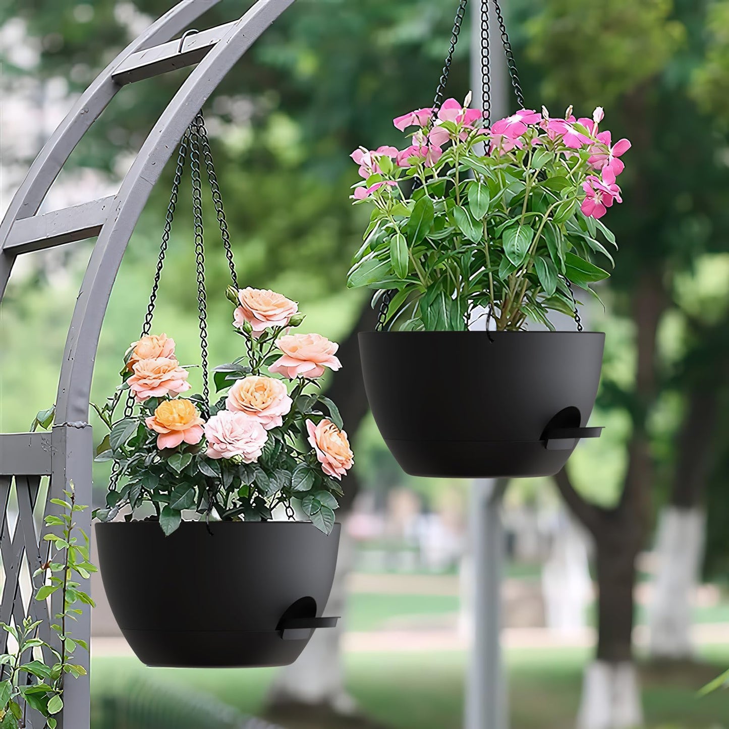 UOUZ Set of 3-10 Inch Self Watering Hanging Planters for Indoor & Outdoor，Hanging Plant Pots with Drainage & Removable Tray, Hanging Pots Holder for Ivy, Spider Plants, Ferns, Balcony & Patio, Black