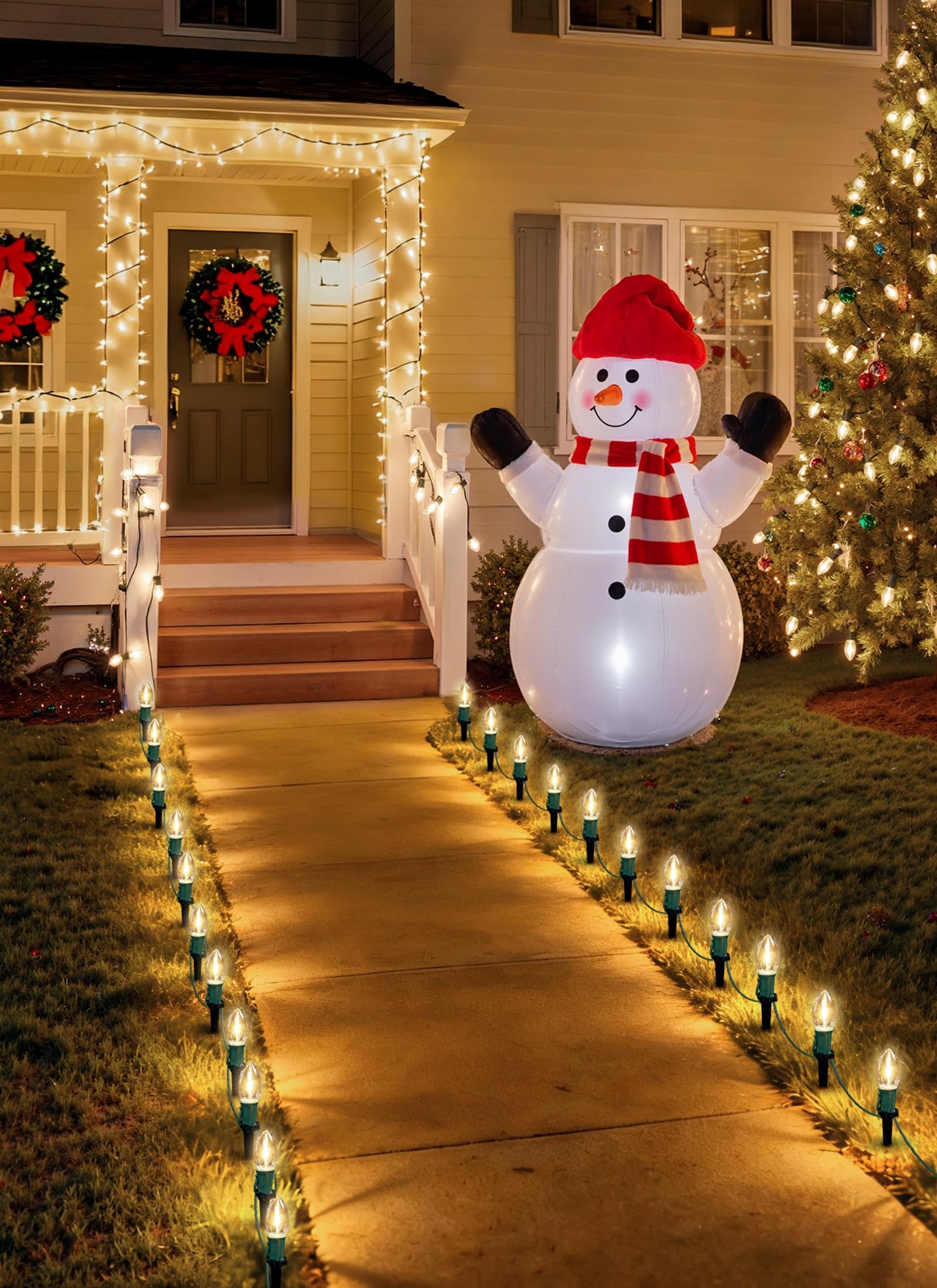 Christmas Pathway Lights Outdoor, 26 FT Connectable C9 LED Christmas Lights Outdoor, Waterproof String Lights with 20 Led Lights and Stakes, Christmas Decorations for Walkway Driveway, Warm White