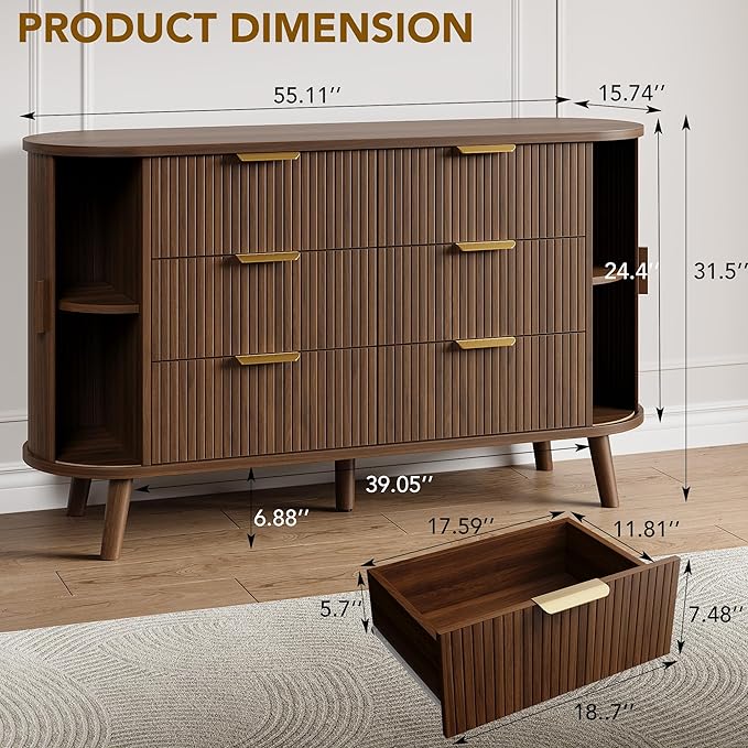Decofy Fluted 6 Drawers Dresser, Curved Profile & Sturdy Legs, Wood TV Stand