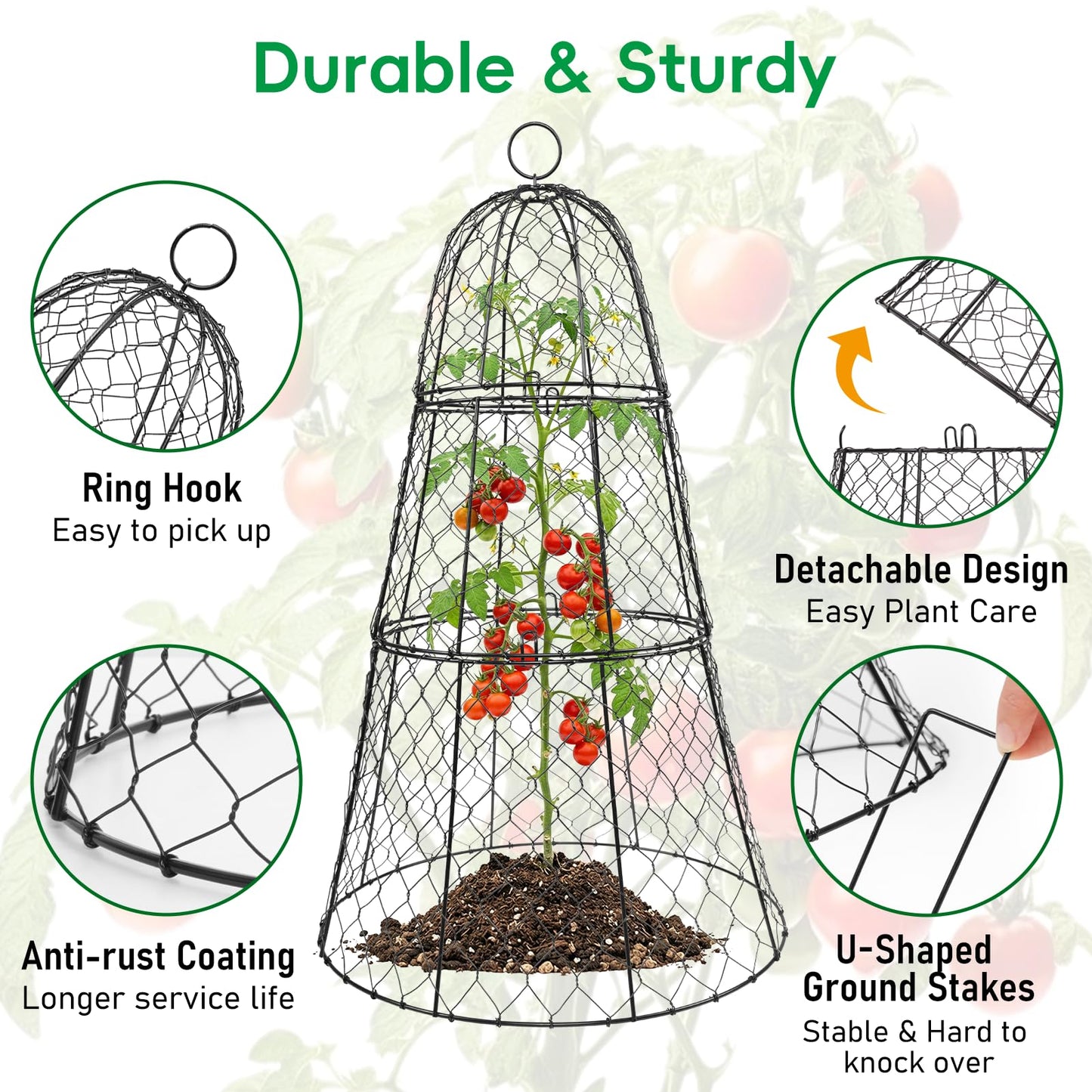 SPECILITE Garden Cloches for Plants with 3 Split Design, Rustproof Chicken Wire Cloches, Plant Protectors from Animals, Sturdy Plant Cage with Ground Stake for Garden, Farm, 14"×14"×20", 6 Pack