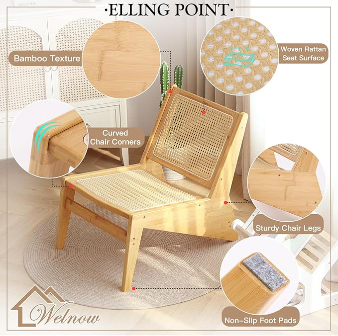 Welnow 2-Pcs Mid Century Rattan Accent Chair, Bamboo Wood Lounge Chair