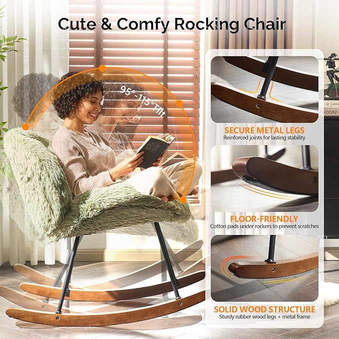 VINGLI 25.6" Extra Wide Criss Cross Nursery Rocking Chair, Cute Curved 115°