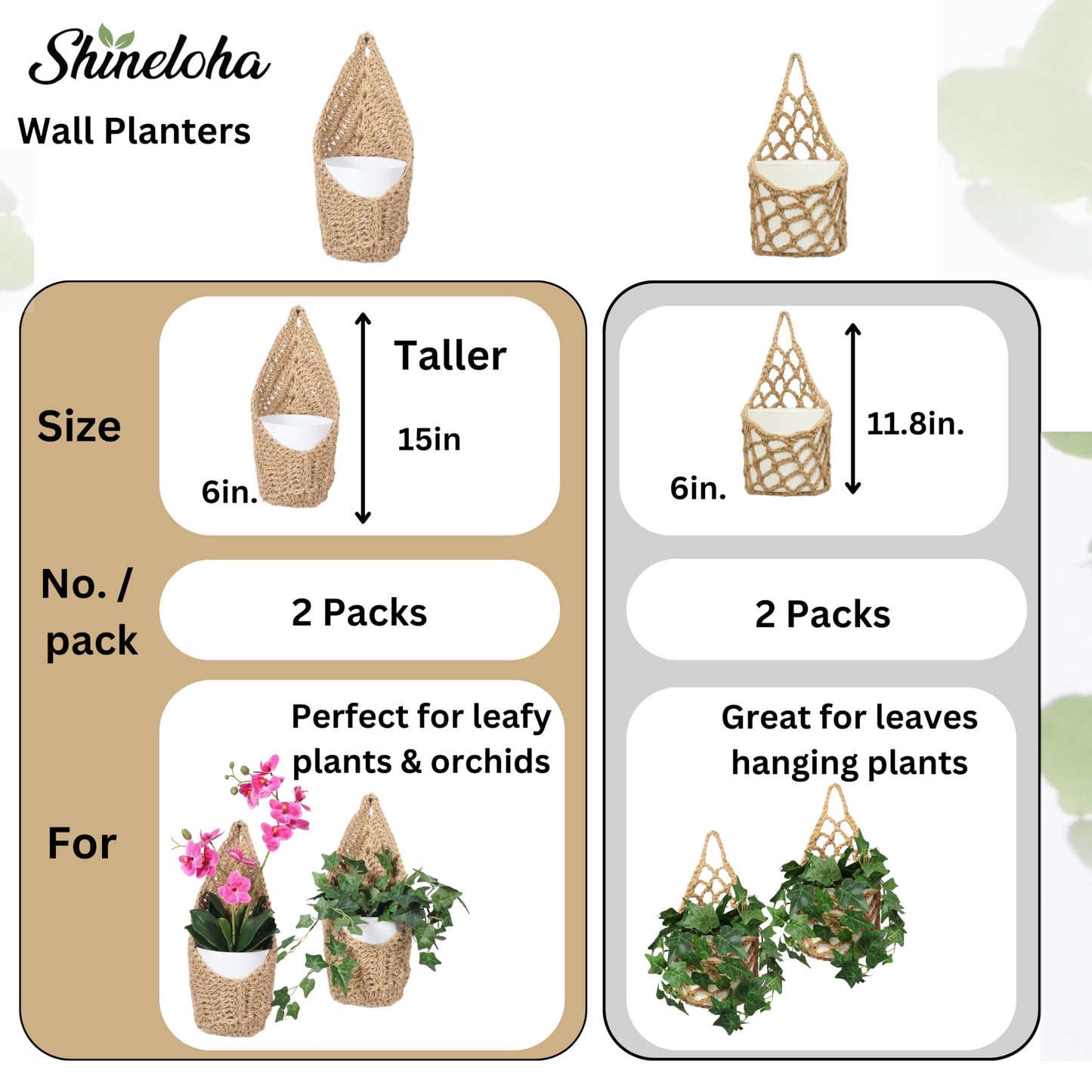 Shineloha 2 Pack 6-inch Hanging Planters for Indoor Plants, Macrame Wall Plant Hanger | Wall Plant Holder, Wall Planters for Indoor Plants (2 Pack, for up to 6 inch Pot)