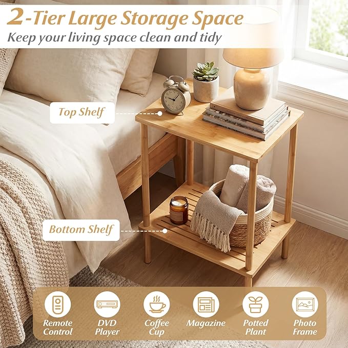 Giantex Bamboo Side Table Set of 2, 2-Tier Sofa End Bedside Table w/Storage