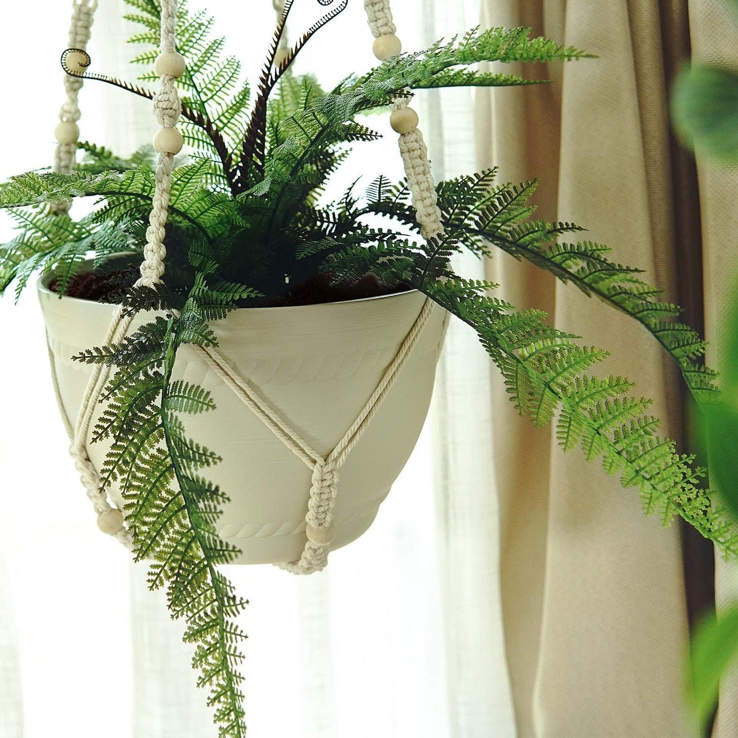 Bouqlife 43 Inches Macrame Plant Hanger Large for 14 inch Pot Extra Long No Tassel Cotton Rope Hanging Plant Holder with Ceiling Hook Bohemian Home Décor Beige 2Pack
