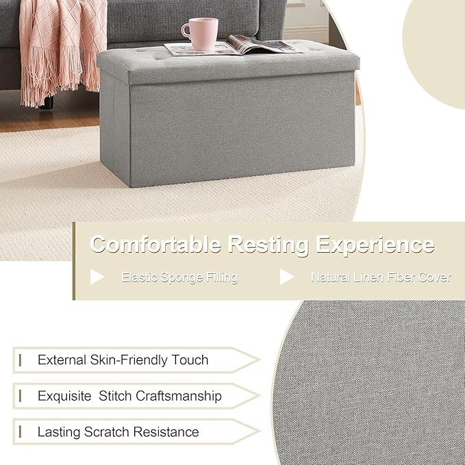 VECELO 30'' Folding Storage Ottoman Bench, Storage Chest, Linen Fabric Foot