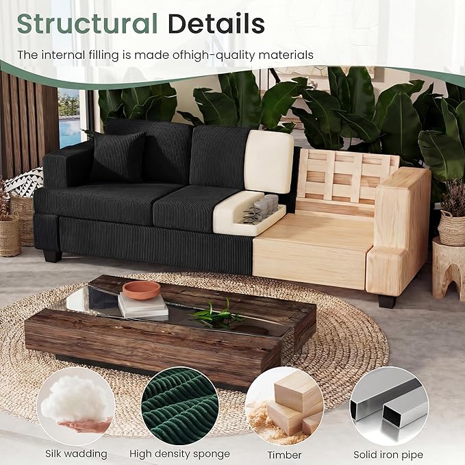 2 Pieces Corduroy Couch Set for Living Room, Deep Seat Floor Couch for Bedroom