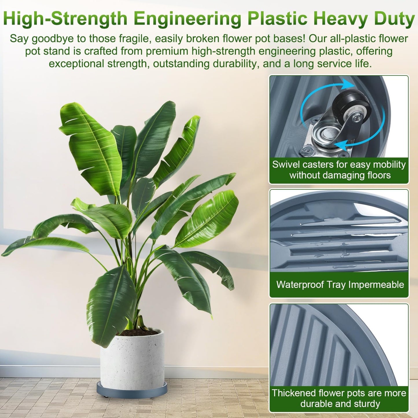 M METERXITY 2-Pack Plant Stand with Invisible Wheels, 11.02 Inch/28 cm OD Plastic Heavy Duty Rolling Plant Stand for Indoor and Outdoor [9.96 Inch/25.3cm ID, Gray]