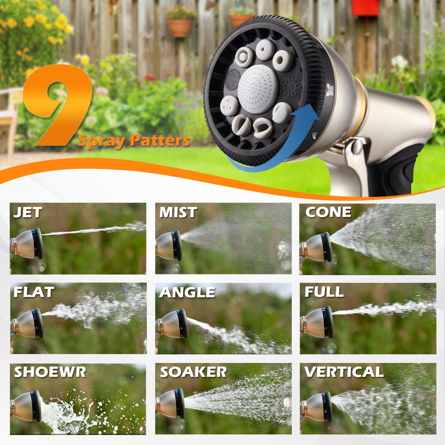 Garden Hose Nozzle, Heavy Duty Metal Hose Sprayer, High Pressure Rust Resistant Water Hose Nozzle with Lockable Trigger, 9 Spray Patterns for Car Pet Washing, Plants & Lawns Watering, Outdoor Cleaning
