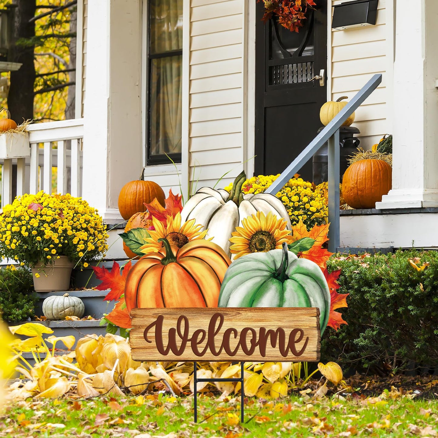 JarThenaAMCS Fall Pumpkin Metal Garden Stakes Green Orange White Pumpkin Decorative Lawn Sign Autumn Harvest Welcome Yard Sign for Thanksgiving Home Outside Lawn Porch Decor