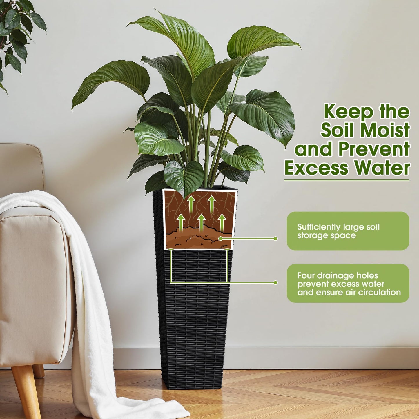 Devoko Resin Tall Planters for Outdoor Plants Set of 2, Large Taper Outdoor Planter Pots with 4 Drainage Holes, Flower Pots Modern Decor for Porch, Patio, Backyard, Home Garden (Black, 24")