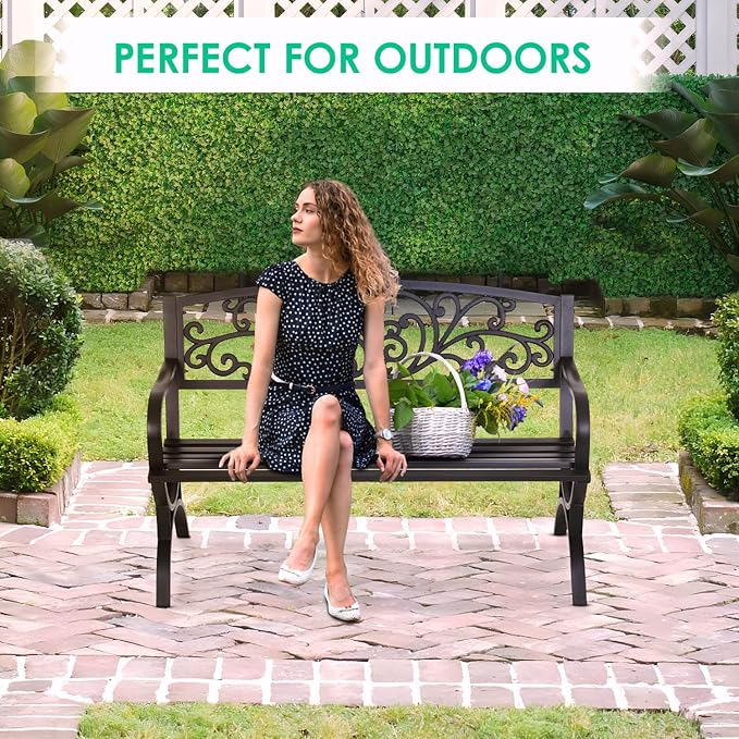 FDW Outdoor 50 Inches Garden Bench, Slatted Seat Armrests Floral Design Backres