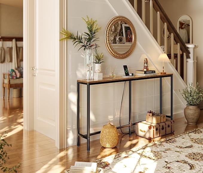 SUPERJARE Console Table with Outlet, 63 Inch Sofa Table with Charging Station