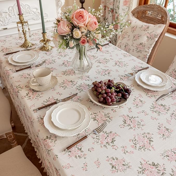 VClife Shabby Chic Pink White Floral Tablecloth