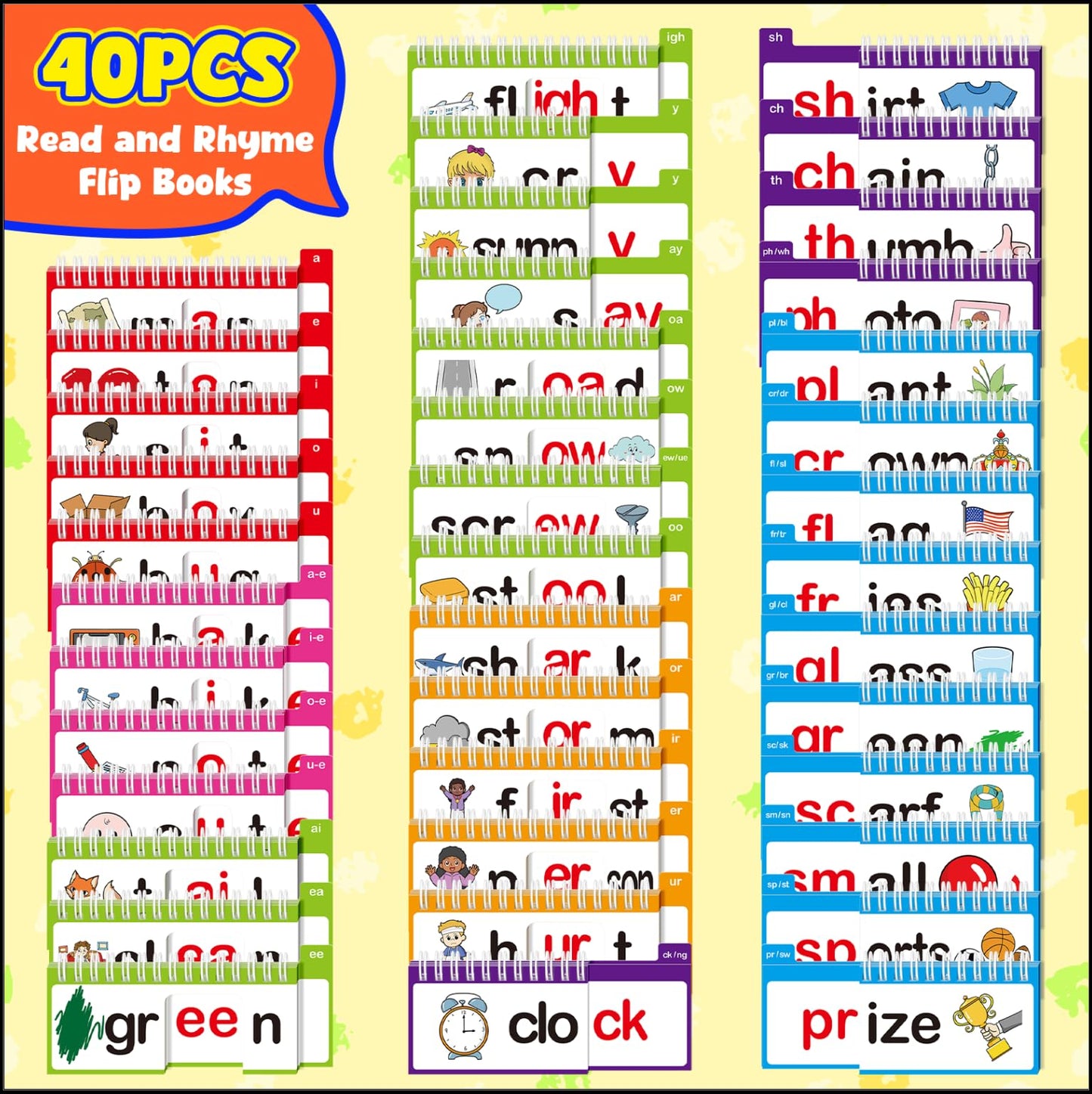 40 Read and Rhyme Flip Books,Phonics Word Family Build Book Learn to Read Phonics Flash Cards,Sight Words Flash Cards Kindergarten Reading Books,Flip Book Word Games for Preschool Learning Activities