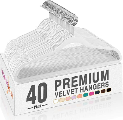 HOUSE DAY White Velvet Hangers 40 Pack, Non Slip Clothes Felt Hanger Heavy Duty for Coat, Premium Slim Space Saving Suit Hangers for Closet Organizer, 360° Rotating Silver Hook