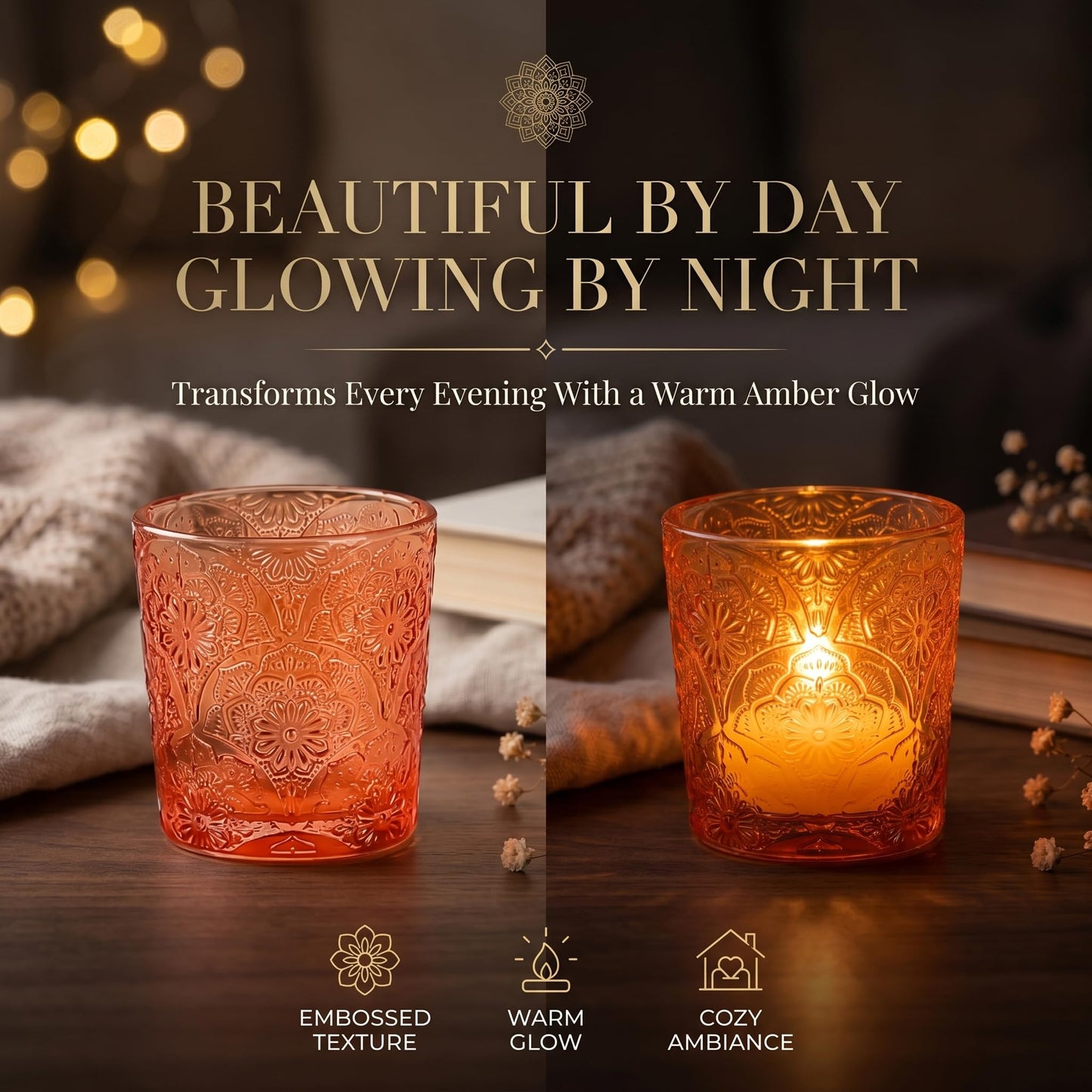 12 Pack Mandala Embossed Glass Candle Holders – Votive Tealight Holders with Patent Design, Decorative Embossed Glass Cups for Wedding Centerpieces, Parties, and Home Décor (Pumpkin Spice)