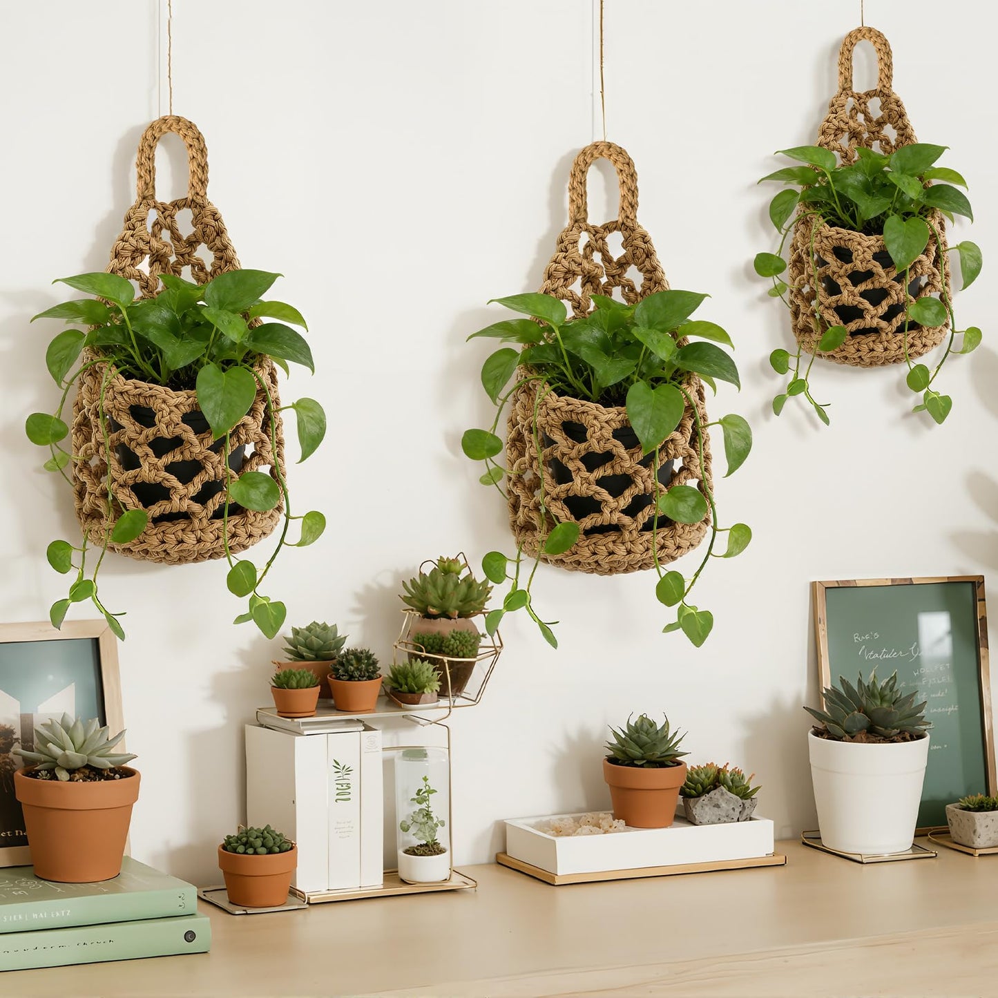 Teecyhooo 6 Pk Wall Planters for Indoor Macrame Plant Hanger Boho Wall Mounted Flower Baskets Hanging Planter, Plants and Pots are Not Included(Linen Color,4 x 8 Inch)