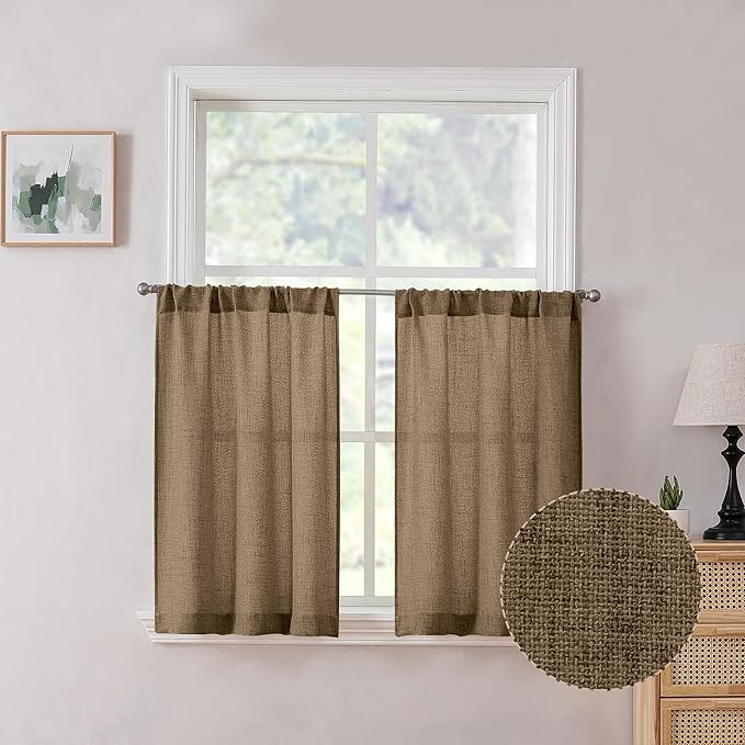 Tollpiz Linen Tier Curtains Rod Pocket Semi Sheer Short Kitchen Curtain Half Burlap Light Filtering Thick Linen Drape for Bathroom, 30 x 30 inches Long, Brown, Set of 2 Panels