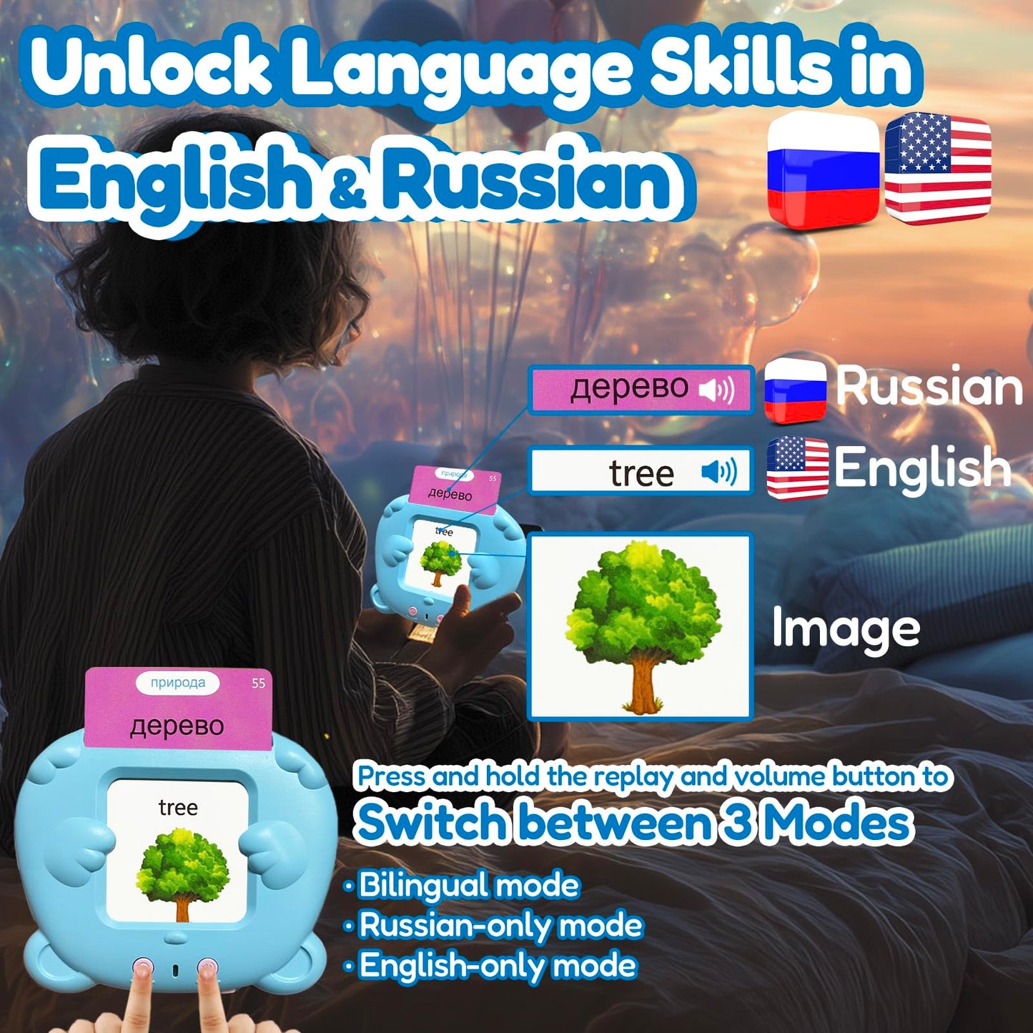 MoLingvora Bilingual Talking Flash Cards for Kids - Russian English Flashcards Children Adults, 510 Sight Words, ABC Alphabet, Pocket Speech for Toddlers, Audible Sensory Toys (Russian, Blue)