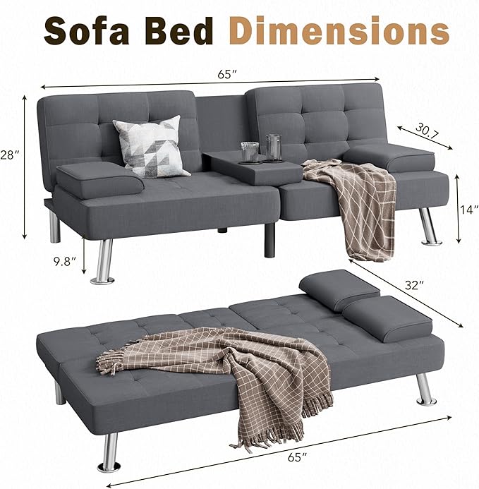 Shahoo Modern Linen Upholstered Convertible Folding Futon Sofa Bed