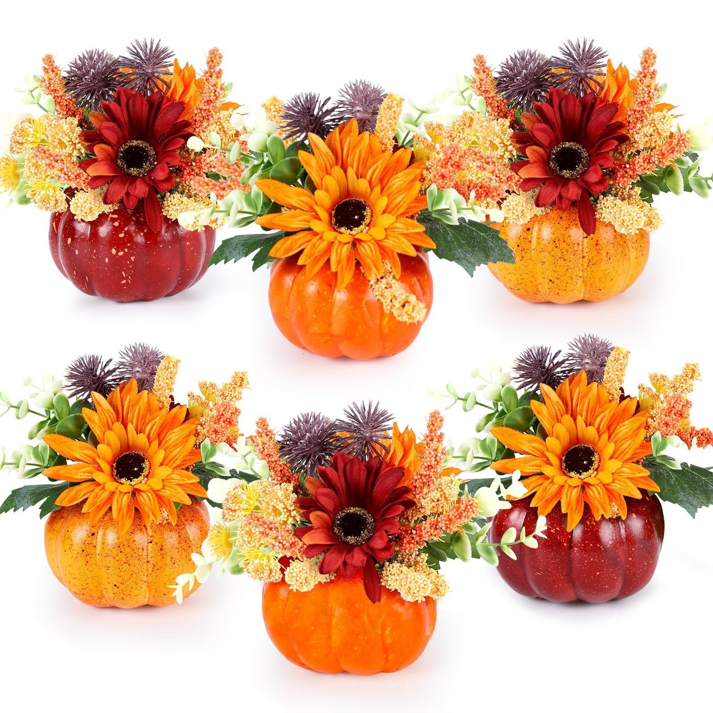 Set of 6 Mini Fall Pumpkin with Artificial Flower Decorations Thanksgiving Sunflower Centerpieces for Tables Harvest Fall Table Floral Decor Autumn Fireplace Mantle Living Room Home Kitchen Party