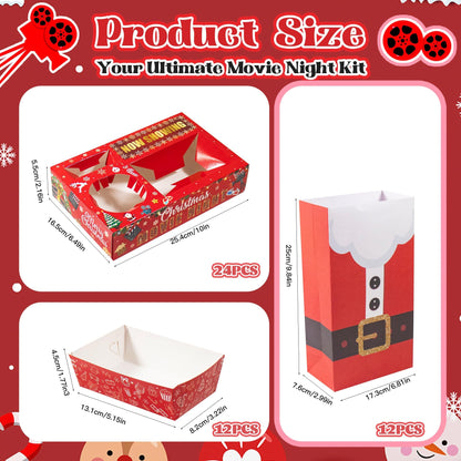 Rzoklot 48PCS Christmas Movie Night Party Supplies – 24 Snack Boxes, 12 Food Trays, 12 Popcorn Bags – Festive Disposable Snack Holders for Holiday Parties, Family Gatherings & Home Theater