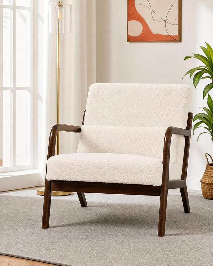 Garvee Mid-Century Modern Accent Chair, Sherpa Upholstery, Solid Wood Armchair