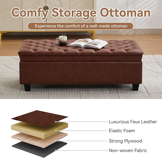 WUTUTUEE 50" Faux Leather Storage Ottoman Bench, Upholstered Rectangle End of