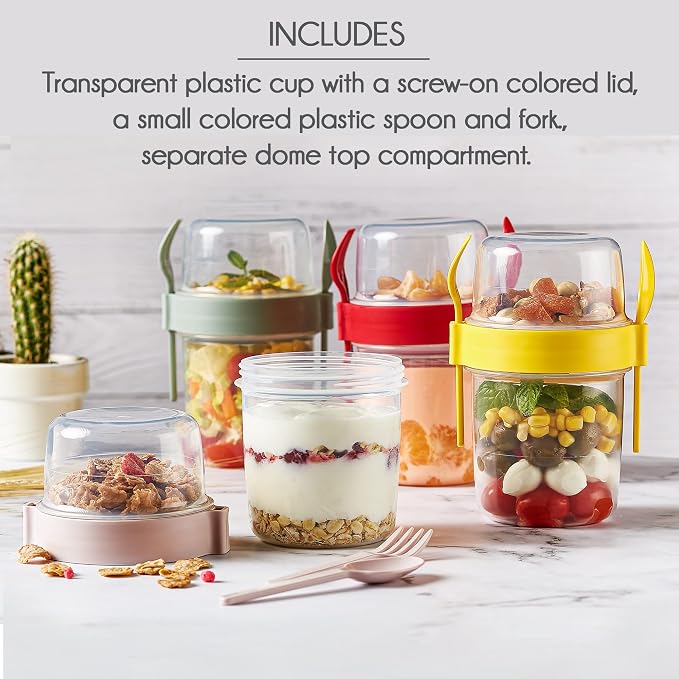 Crystalia 4 Pack 22 oz On The Go Yogurt Parfait Cups with Lids & Spoon, Large Breakfast Plastic Bowls with Topping Cereal Oatmeal Salad or Fruit Container for Snack Box