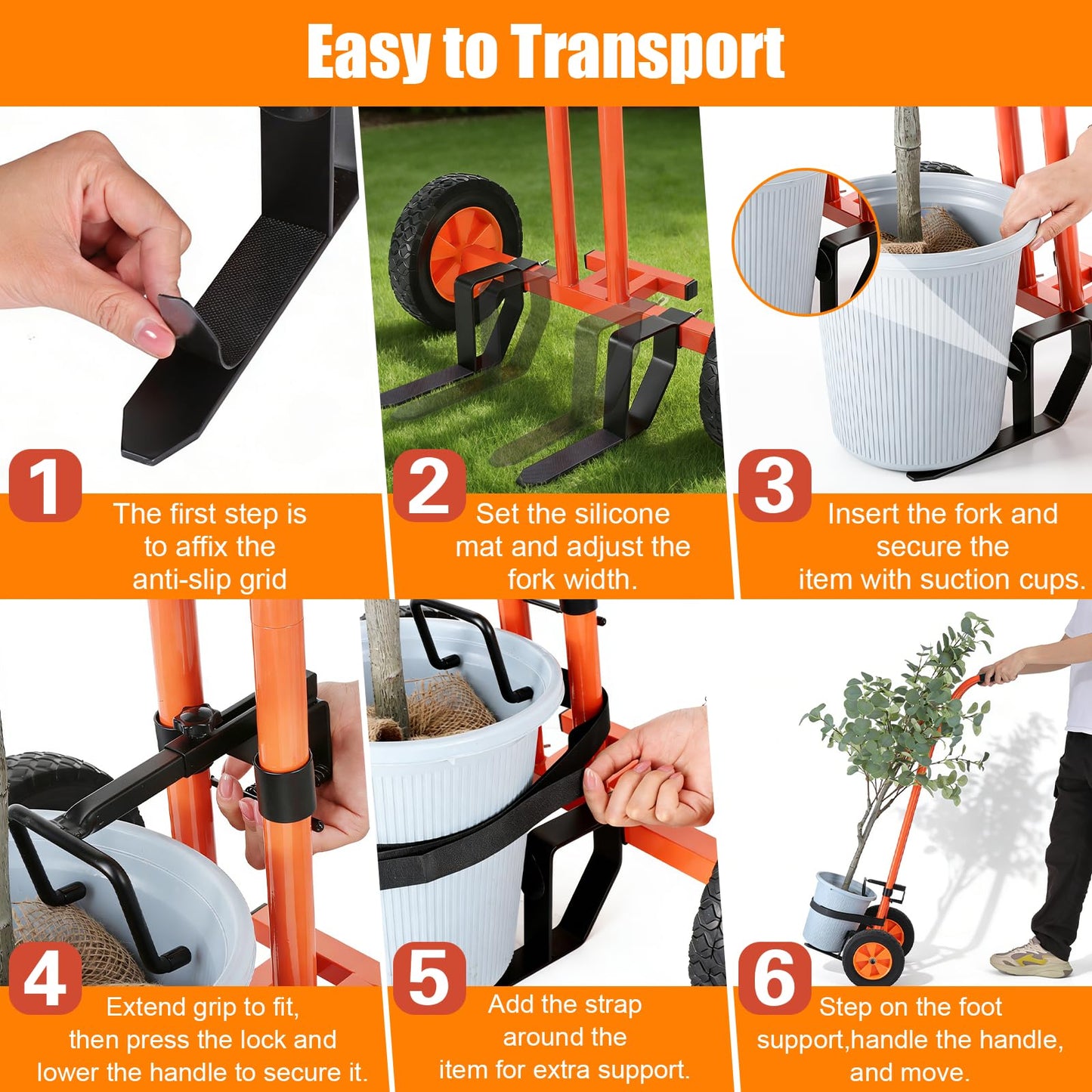 Plant Caddy with Wheels Heavy Duty Plant Dolly Cart with Non-Slip Silicone Grids Adjustable Arm, Straps, Suction Cup, Supports Plants Up to 175 lbs Indoor Outdoor T-Handle Plant Mover for Pots, Orange