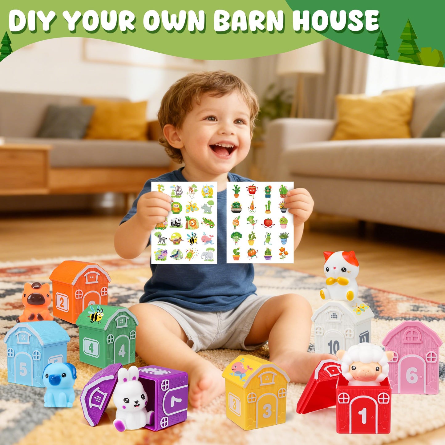 Montessori Toys for Toddlers, 20Pcs Farm Animal Toy Counting, Matching, Sorting Preschool Learning Toy Barn Toy including 10 Barns,10 Finger Puppets and 2 Stickers Birthday Gift Baby Boys Girls