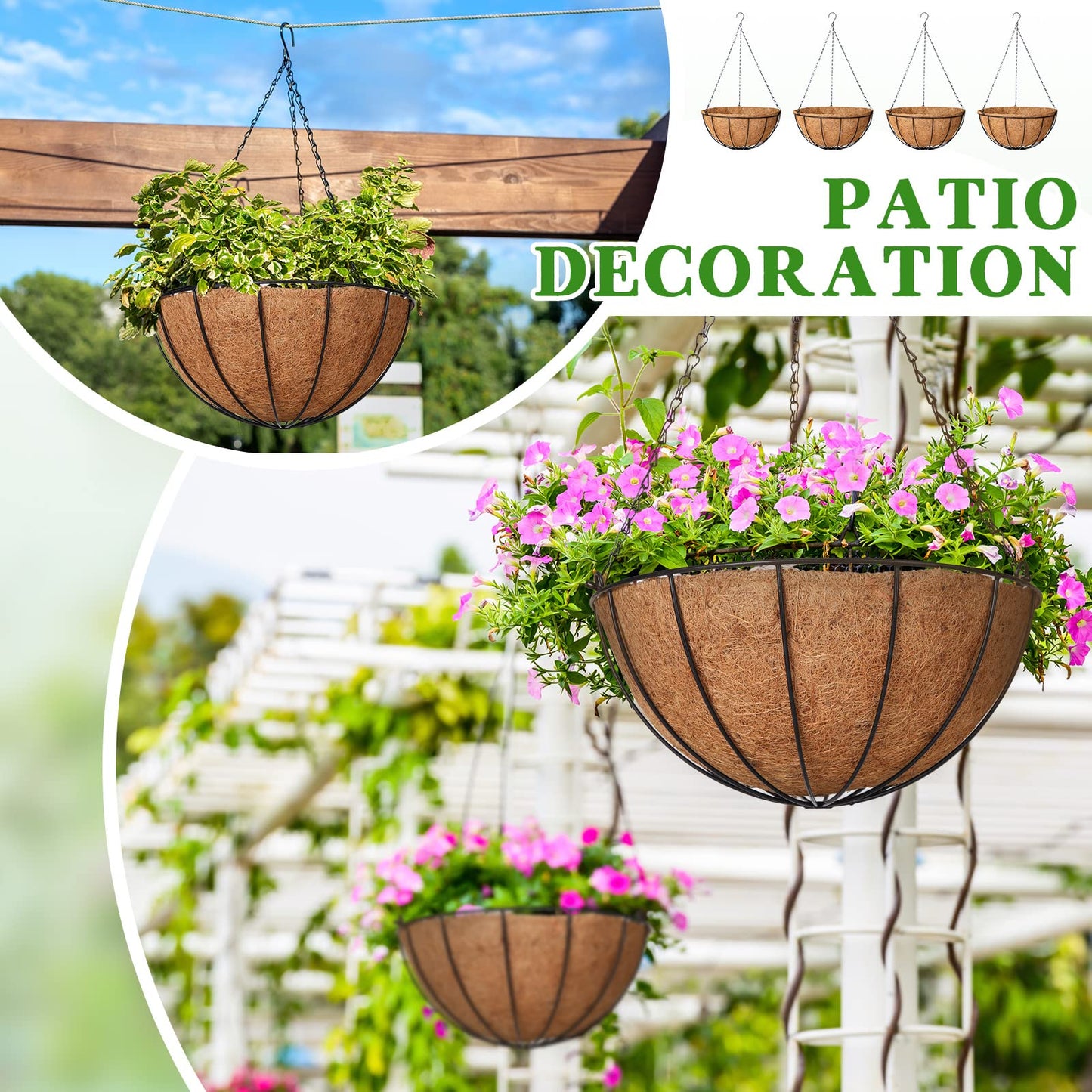 Roowest 4 PCS 16 Inch Metal Hanging Planter Basket Flower Holder Hanging Pots with Coconut Fiber Coir Liners Wire Chain Round Planter Plant Hanger for Indoor Patio Garden Home Balcony Decor