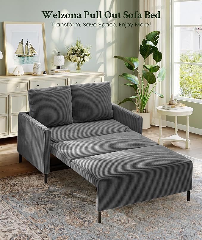 Welzona 47.2" Convertible Sofa Bed Couch, Comfy Corduroy Loveseat Sleeper Sofa