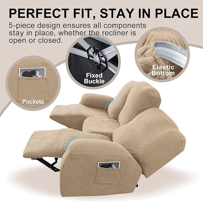 5-Piece Recliner Sofa Covers, Stretch Geometric Strokes Jacquard Recliner Sofa