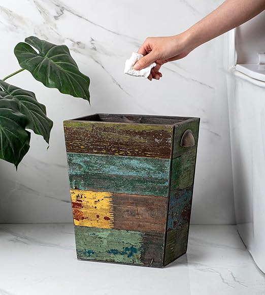 TIMRIS Small Wood Trash Can Wastebasket, Farmhouse Rectangular Garbage Can