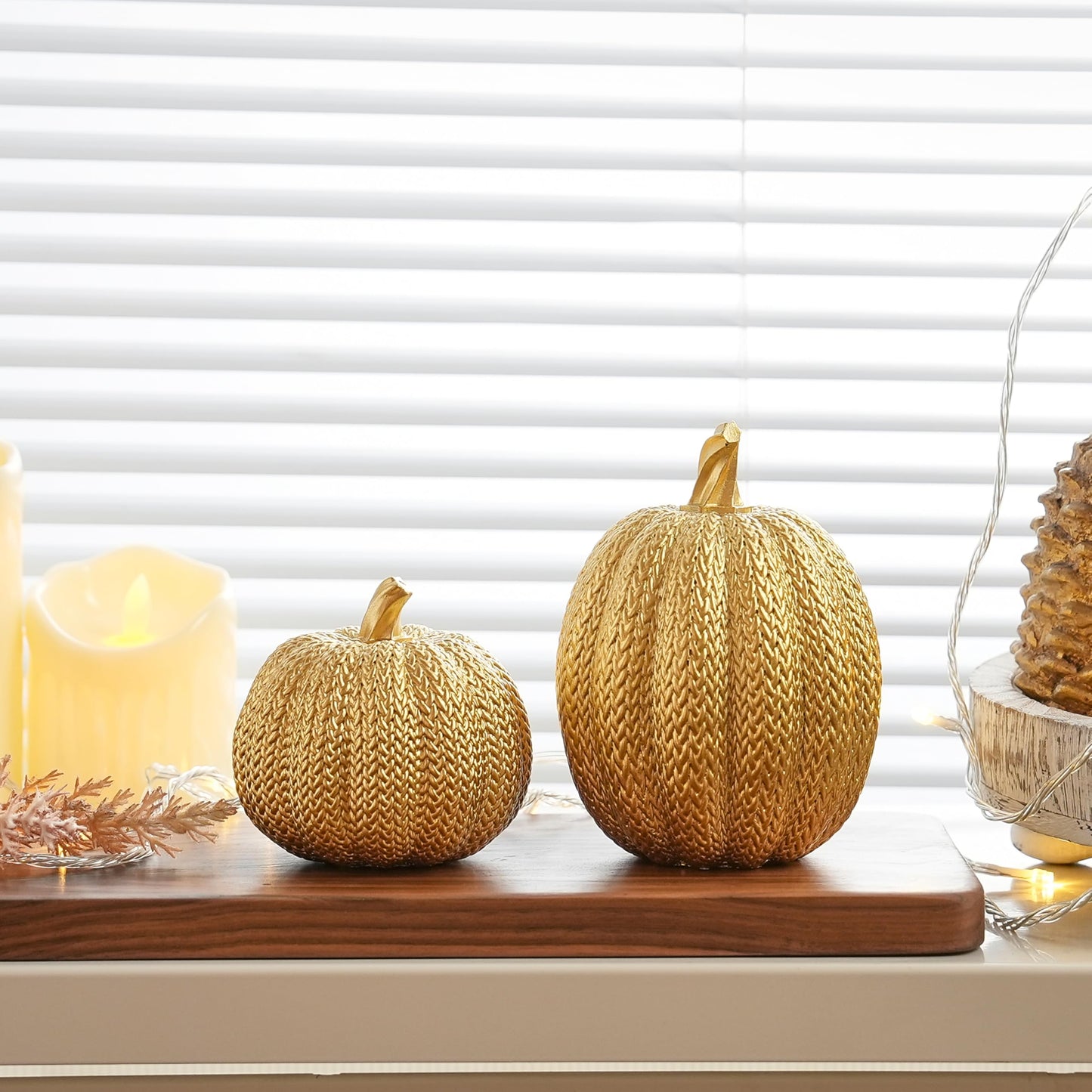 FESTGLOX Pumpkin Fall Decor Indoor - Gold Pumpkin for Decorating, 2Pcs Resin Pumpkins Decor with Woven Effect, Thanksgiving Table Centerpiece, Fireplace, Autumn Harvest Party Decorations