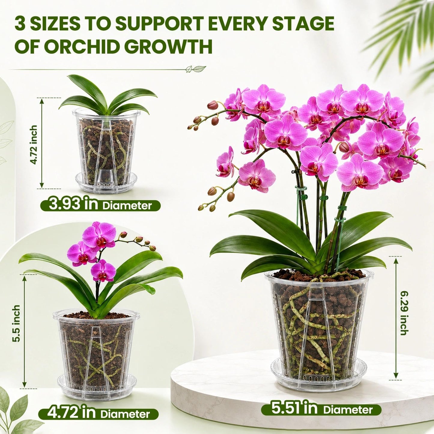LINBLIF Clear Orchid Pots with Drainage Holes Set, 12 Pack 4,5,6 Inch Plastic Nursery Pots with Saucers, Orchid Repotting Kit with Mesh Screens, Stakes and Clips for Indoor Plants (4 in +5 in + 6 in)