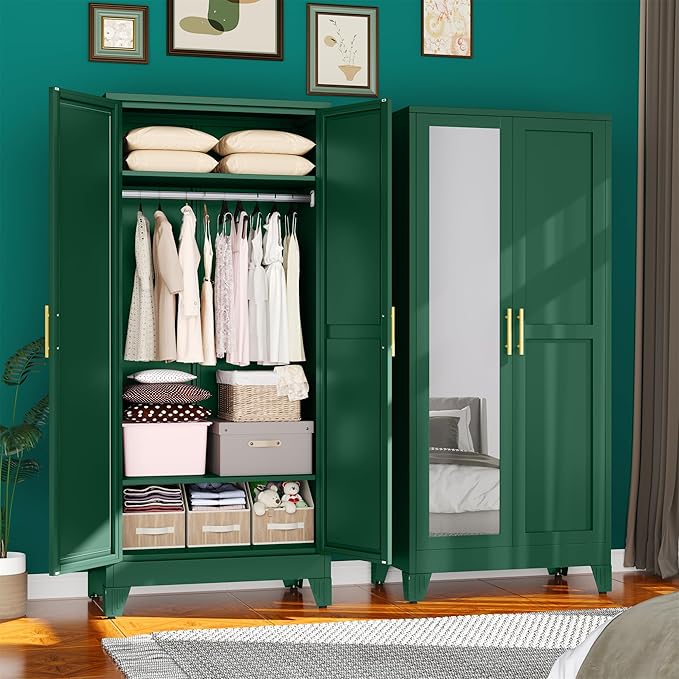 71" Metal Armoire Wardrobe Closet, Steel Clothing Storage Cabinet