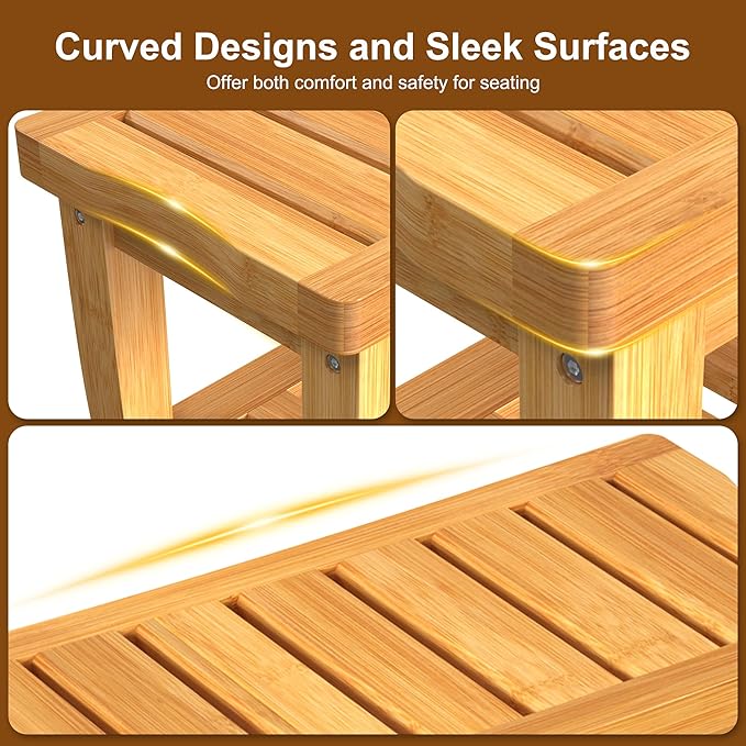 Bamboo Shower Bench Stool with Storage Shelf Waterproof Shower Chair Spa Bath
