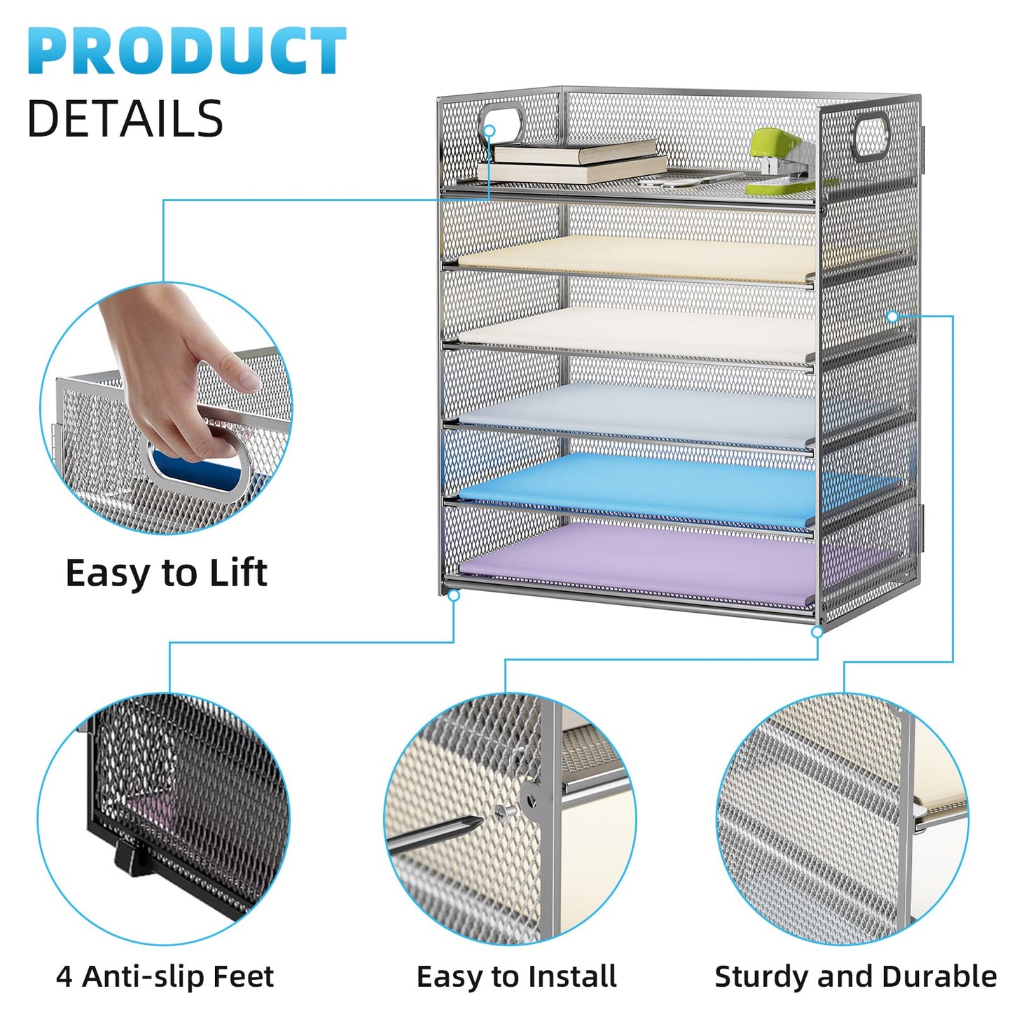 Marbrasse Paper Letter Tray - 6 Tier Mesh File Organizer with Handle, Paper Sorter for Letter/A4 Office File Folder Holder - Silver