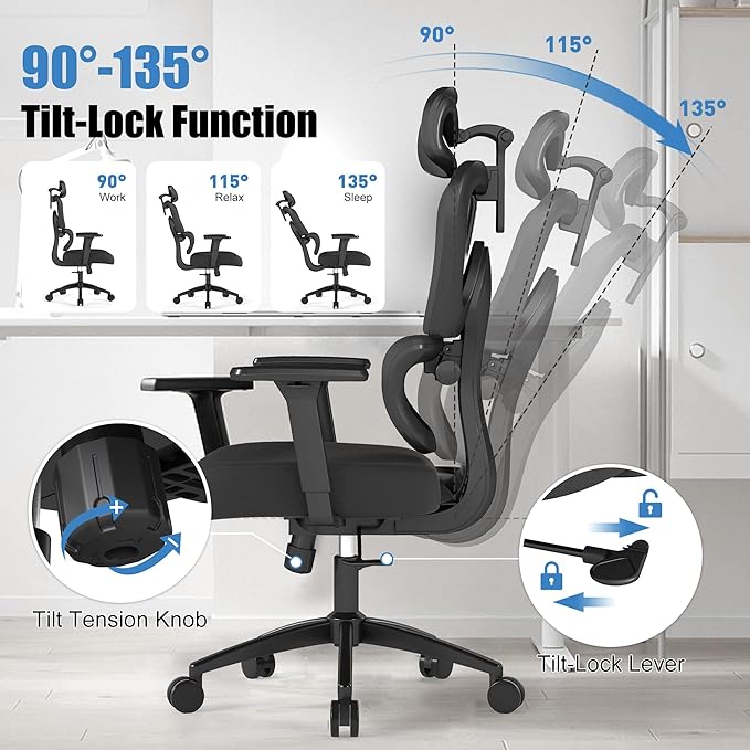 Ergonomic Office Chair with Adjustable Lumbar Support, 3D Arms and Headrest